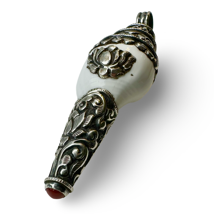 Shell pendant with silver and coral