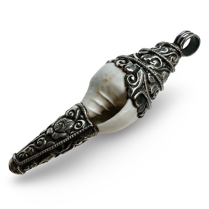 Shell pendant with silver and coral