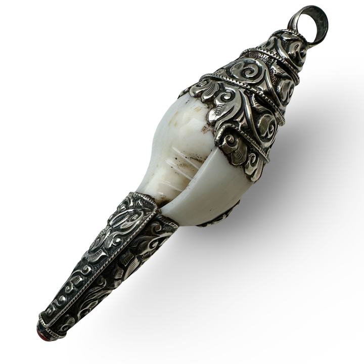 Shell pendant with silver and coral