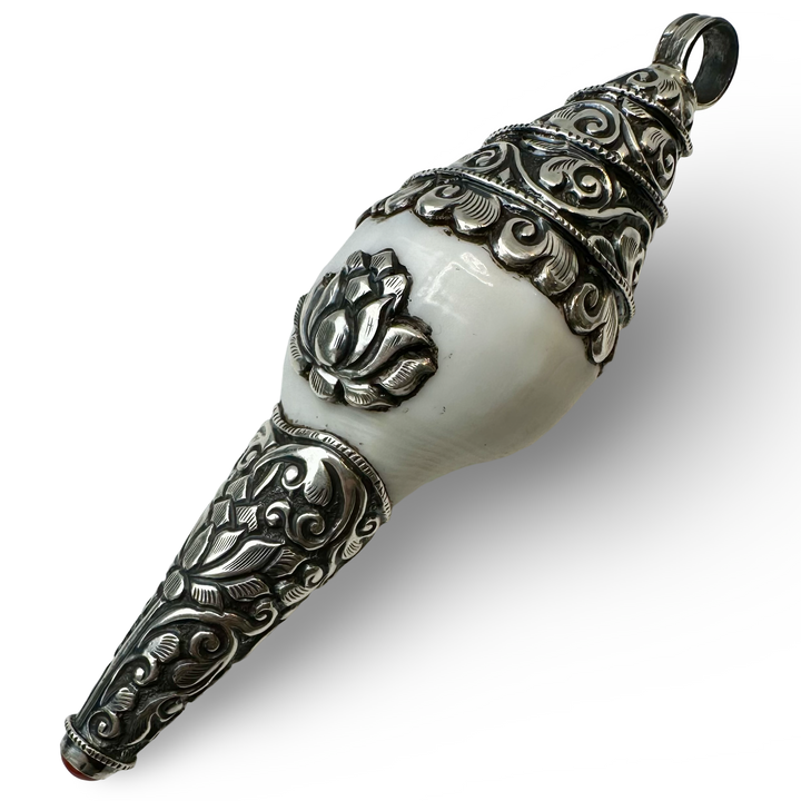 Shell pendant with silver and coral