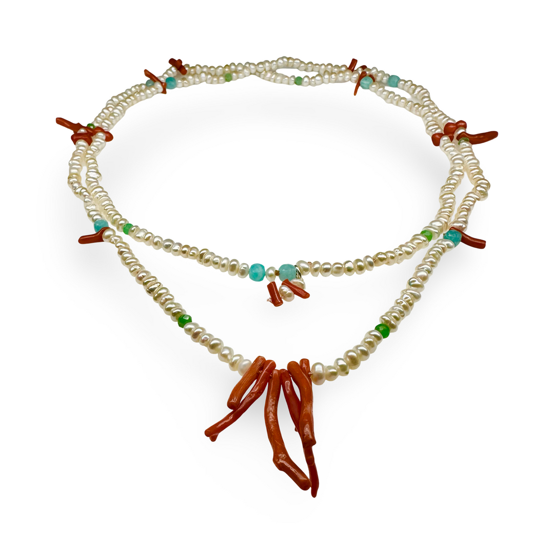Collana di corallo, amazzonite e perle d'acqua dolce