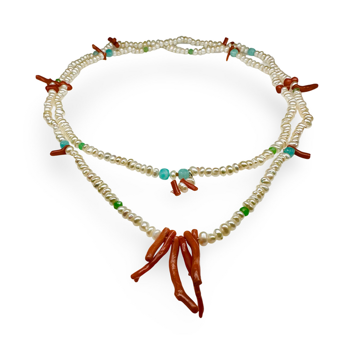 Collana di corallo, amazzonite e perle d'acqua dolce
