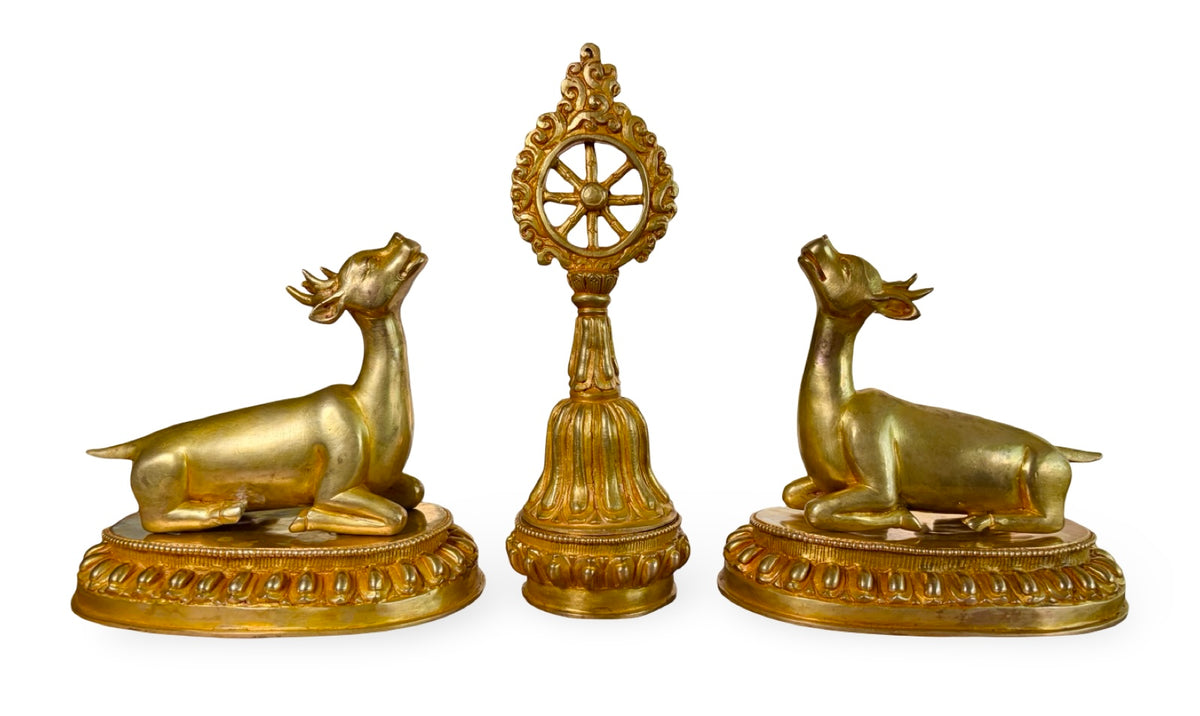 Das fertige Dharmachakra mit zwei Hirschen, Kupfer vergoldet