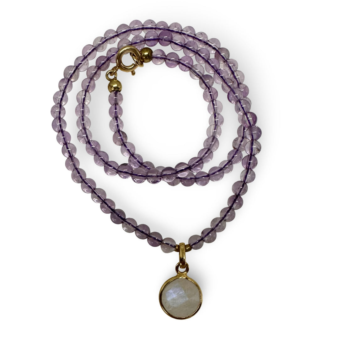 Amethyst - Kette mit Mondstein - Anhänger - Atelier Tibet