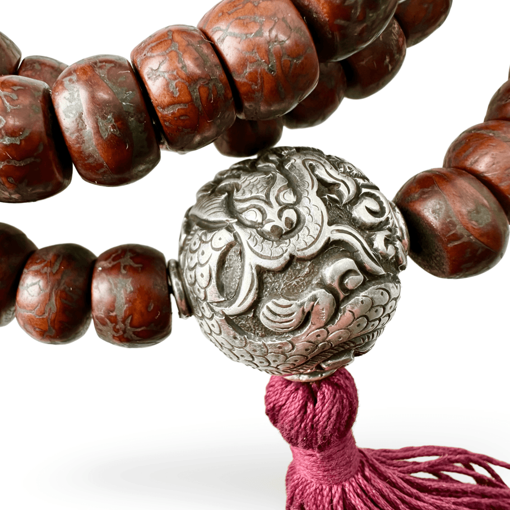 Bodhi Samen Mala mit Silberperlen und Quaste - Atelier Tibet