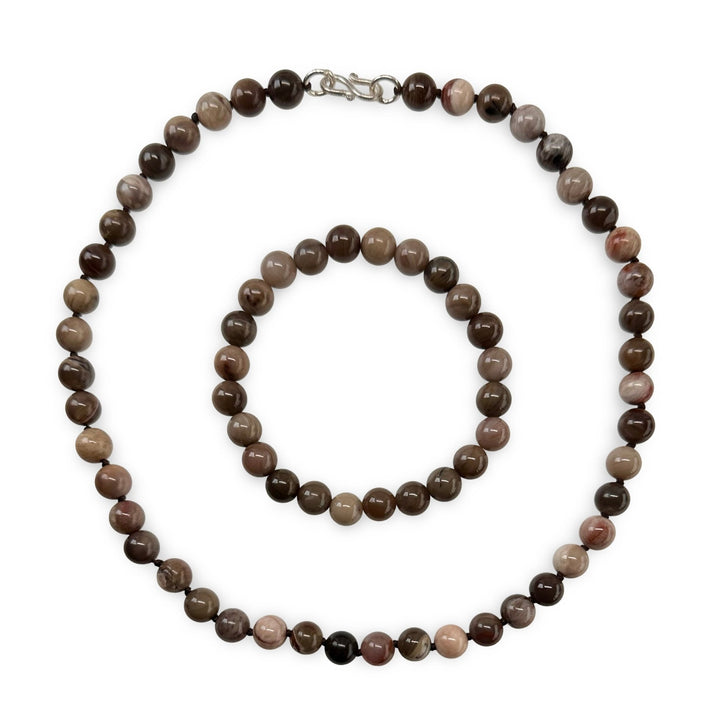 Ensemble aus Halskette und Armband aus versteinertem Holz - Atelier Tibet