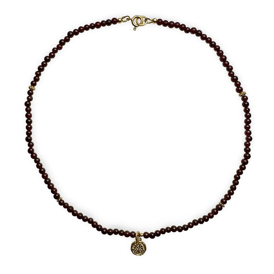 Granat - Kette mit vergoldetem Lotus - Anhänger - Atelier Tibet