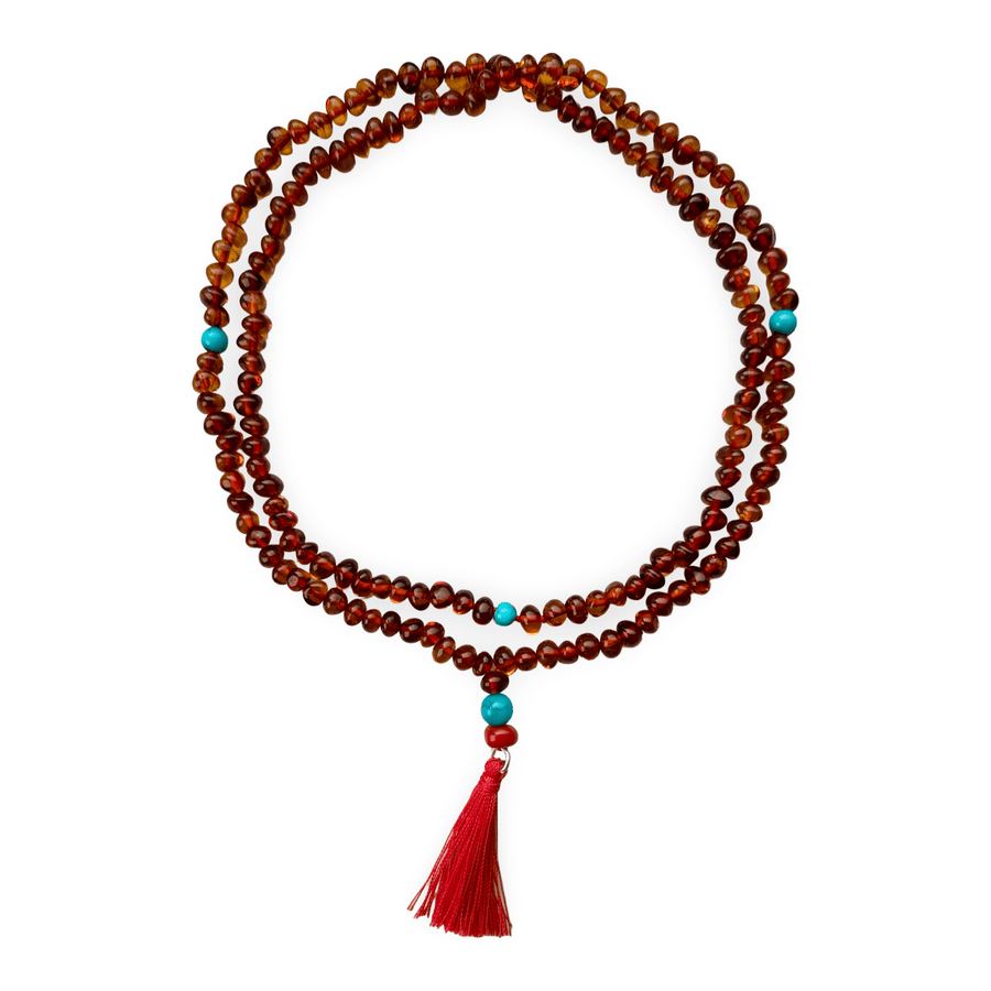 Halskette aus Bernstein, Türkis, Koralle und Quaste - Atelier Tibet