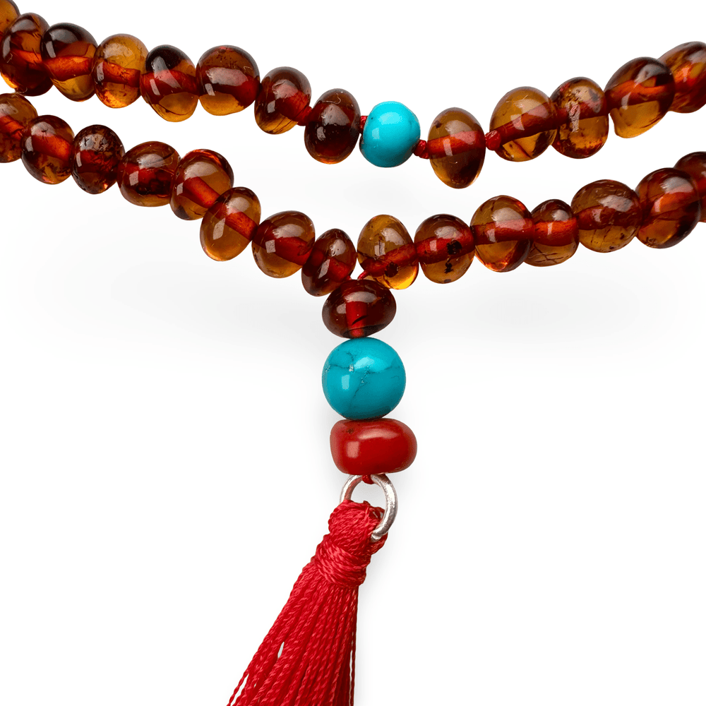 Halskette aus Bernstein, Türkis, Koralle und Quaste - Atelier Tibet