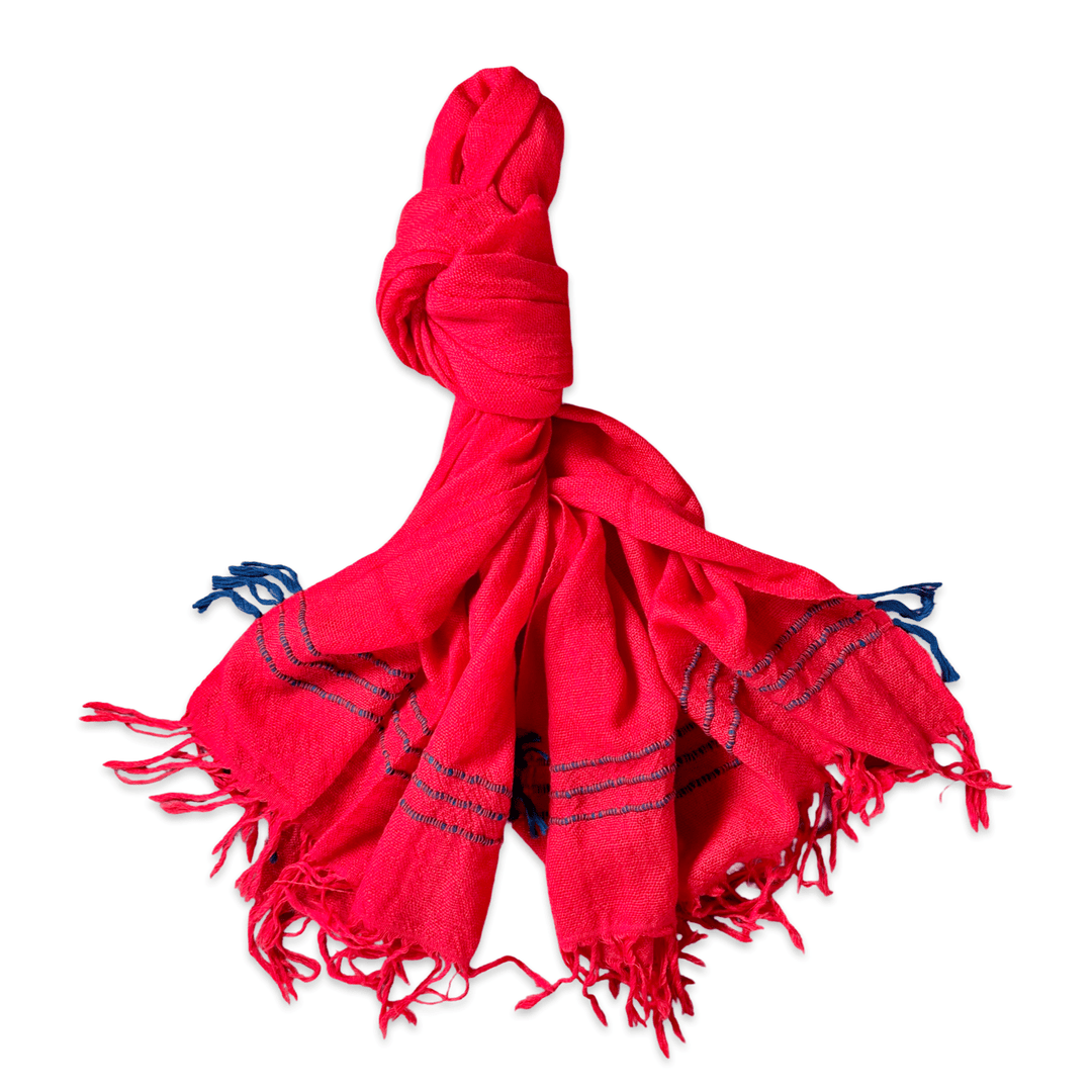 Himalaya - Schal • 100% Wolle • Rot mit blauen Streifen - Atelier Tibet