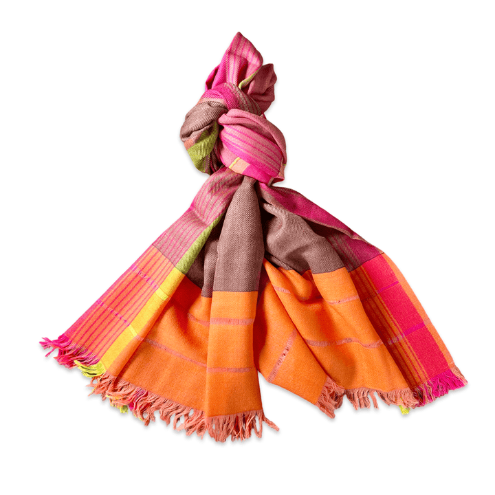 Himalaya Schal • 80% Wolle, 20% Pashmina • Orange, Pink, Violett, Grün, Gelb, Koralle - Atelier Tibet