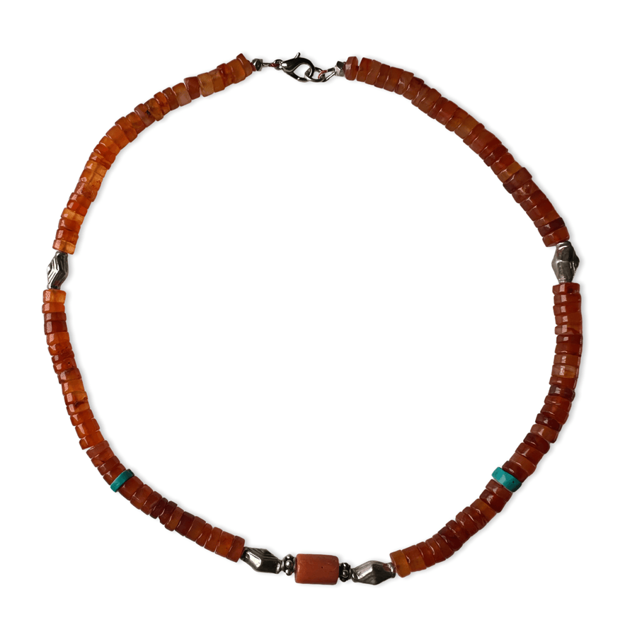 Karneol - Kette mit Silber, Türkis, Bernstein und alter Koralle - Atelier Tibet