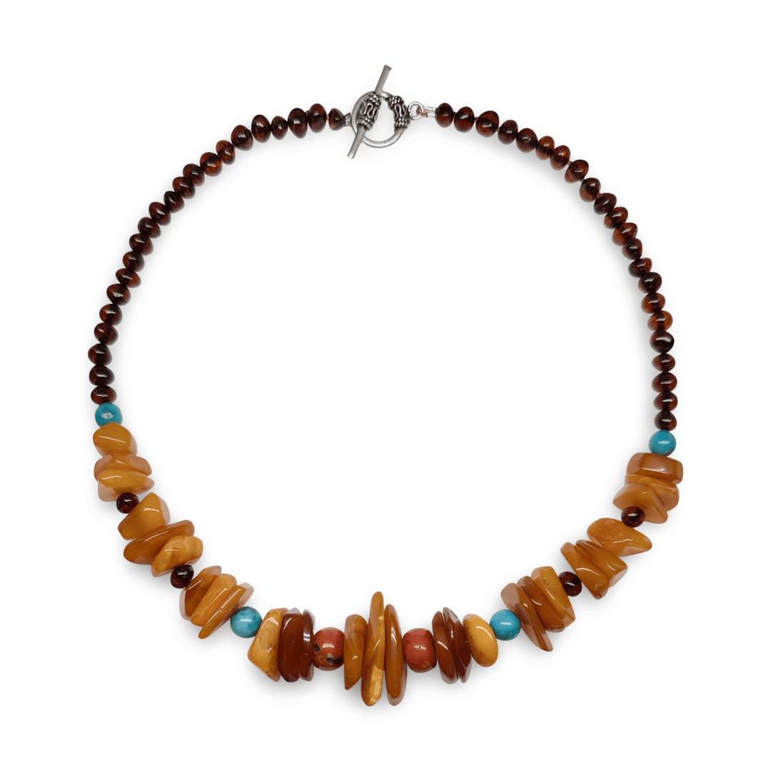 Kette aus Bernstein, alter Koralle und Türkis - Atelier Tibet