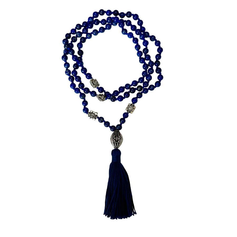 Lapis Lazuli - Mala mit Silberperlen und blauer Quaste - Atelier Tibet