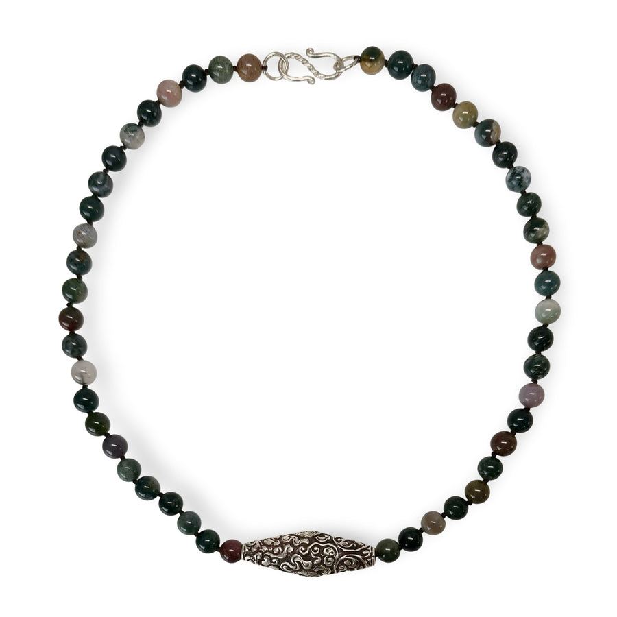 Moosachat - Kette mit grosser Silber - Perle - Atelier Tibet