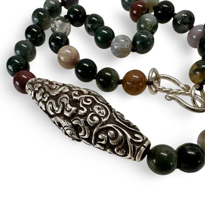 Moosachat - Kette mit grosser Silber - Perle - Atelier Tibet