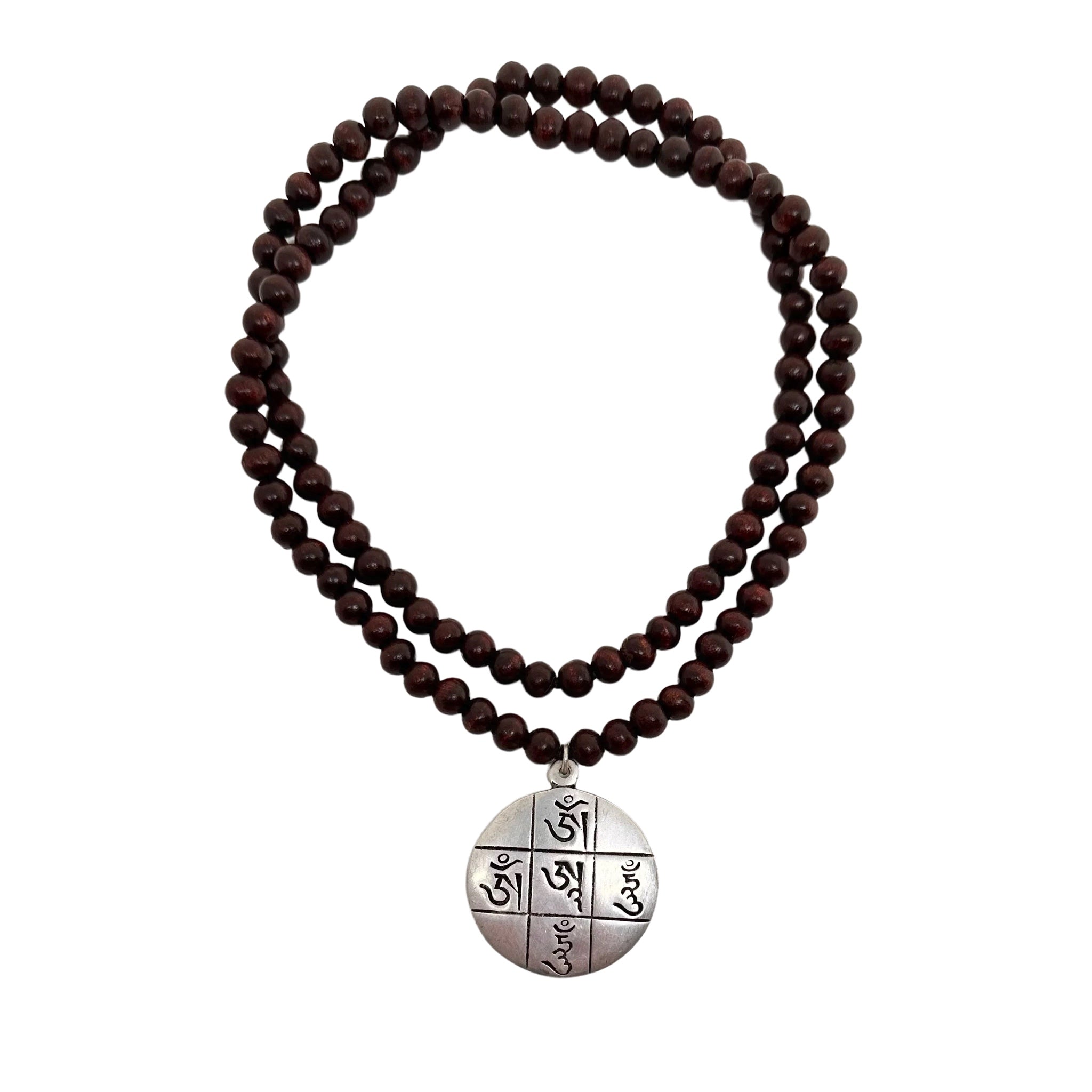 Collier Bouddhiste Népali 70cm - Perles En Bois Et Pendentif Métal - Unisexe - Neuf Sans Emballage