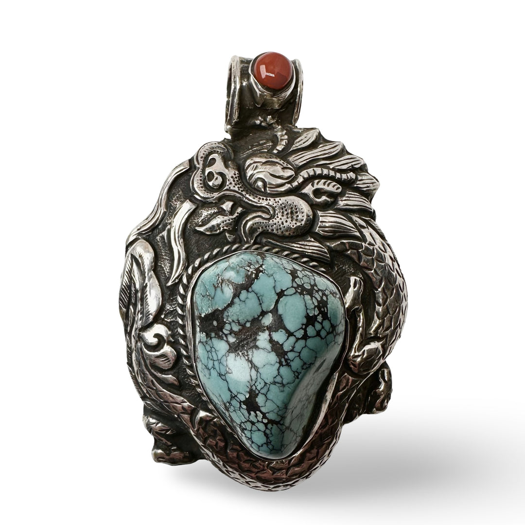 Silber - Drachen - Anhänger mit Türkis und Koralle - Atelier Tibet