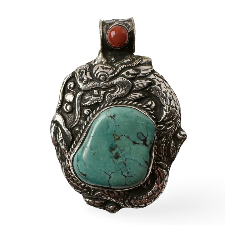 Silber - Drachen - Anhänger mit Türkis und Koralle - Atelier Tibet