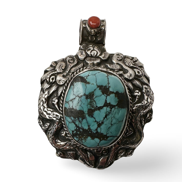 Silber - Drachen - Anhänger mit Türkis und Koralle - Atelier Tibet
