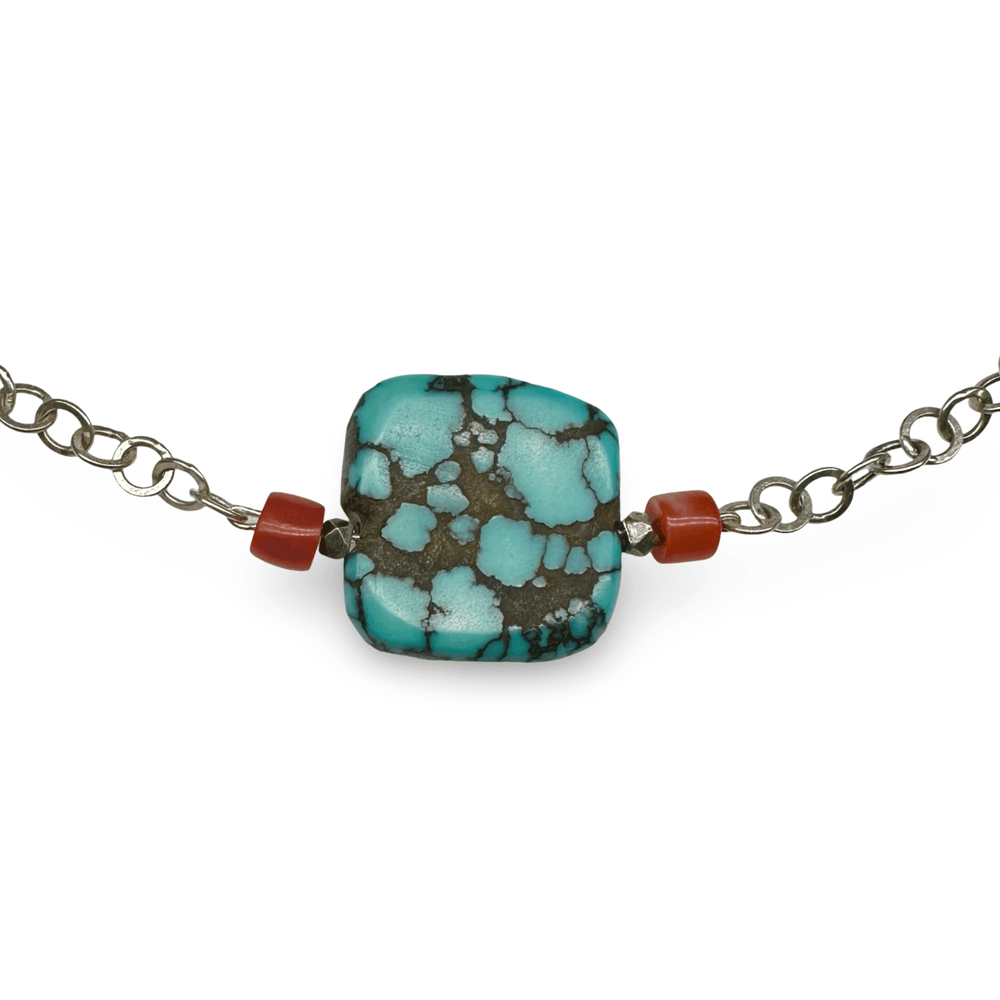 Silberkette mit grosser Türkis - und kleinen Korallen - Perlen - Atelier Tibet