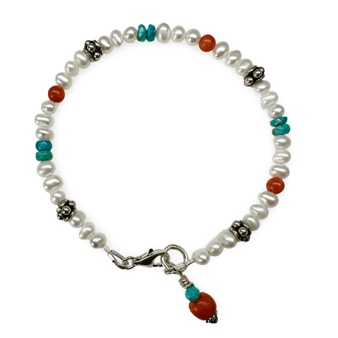 Süsswasserperlen Mala - Armband mit Korallen und Türkis - Atelier Tibet