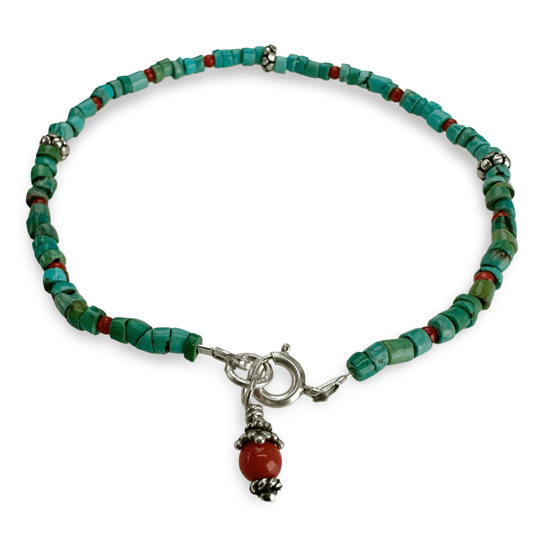 Türkis - , Silber - und Koralle - Fusskettchen - Atelier Tibet