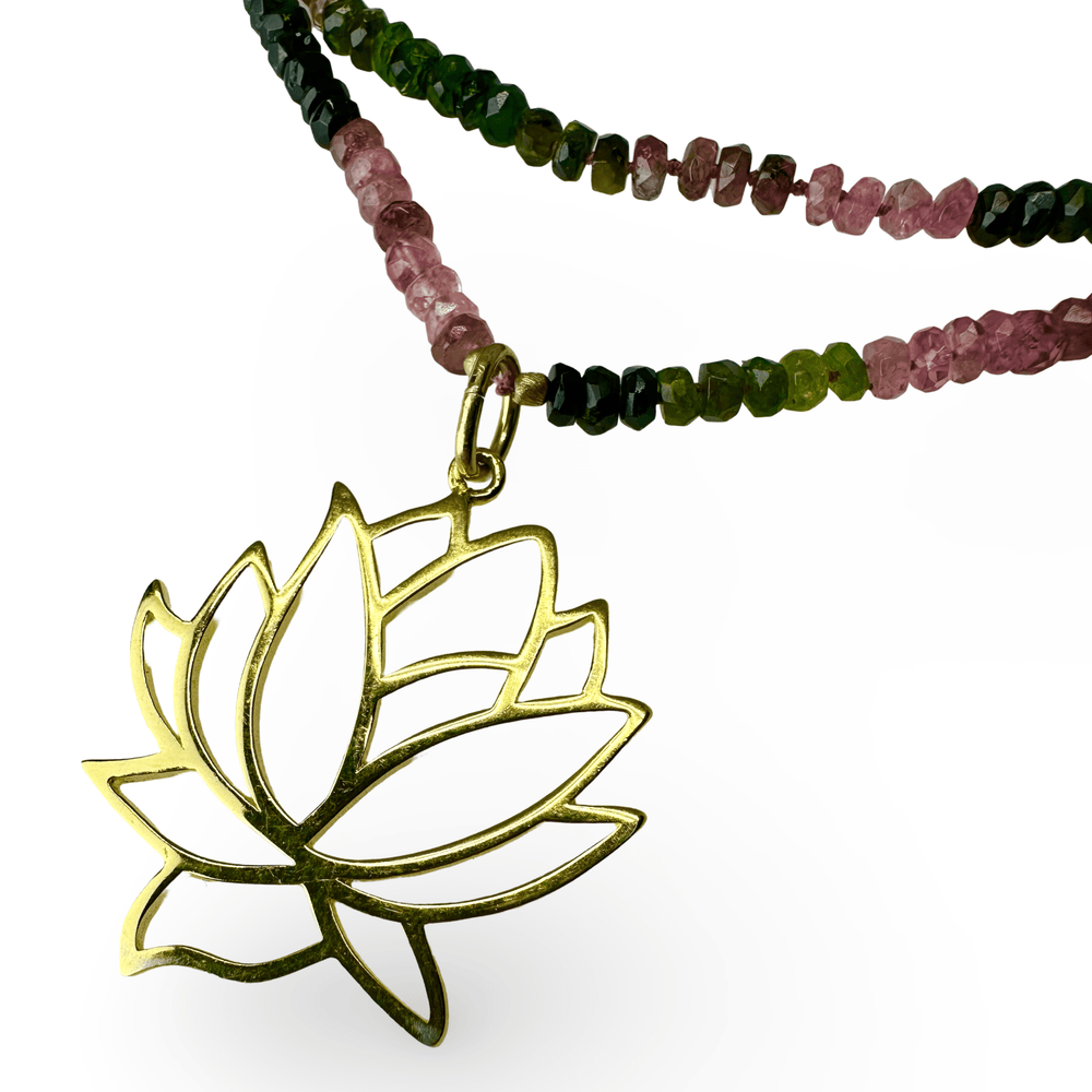 Turmalin - Kette mit vergoldetem Lotus - Anhänger - Atelier Tibet