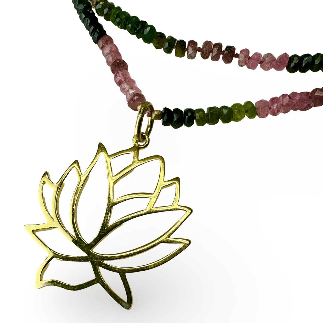 Turmalin - Kette mit vergoldetem Lotus - Anhänger - Atelier Tibet