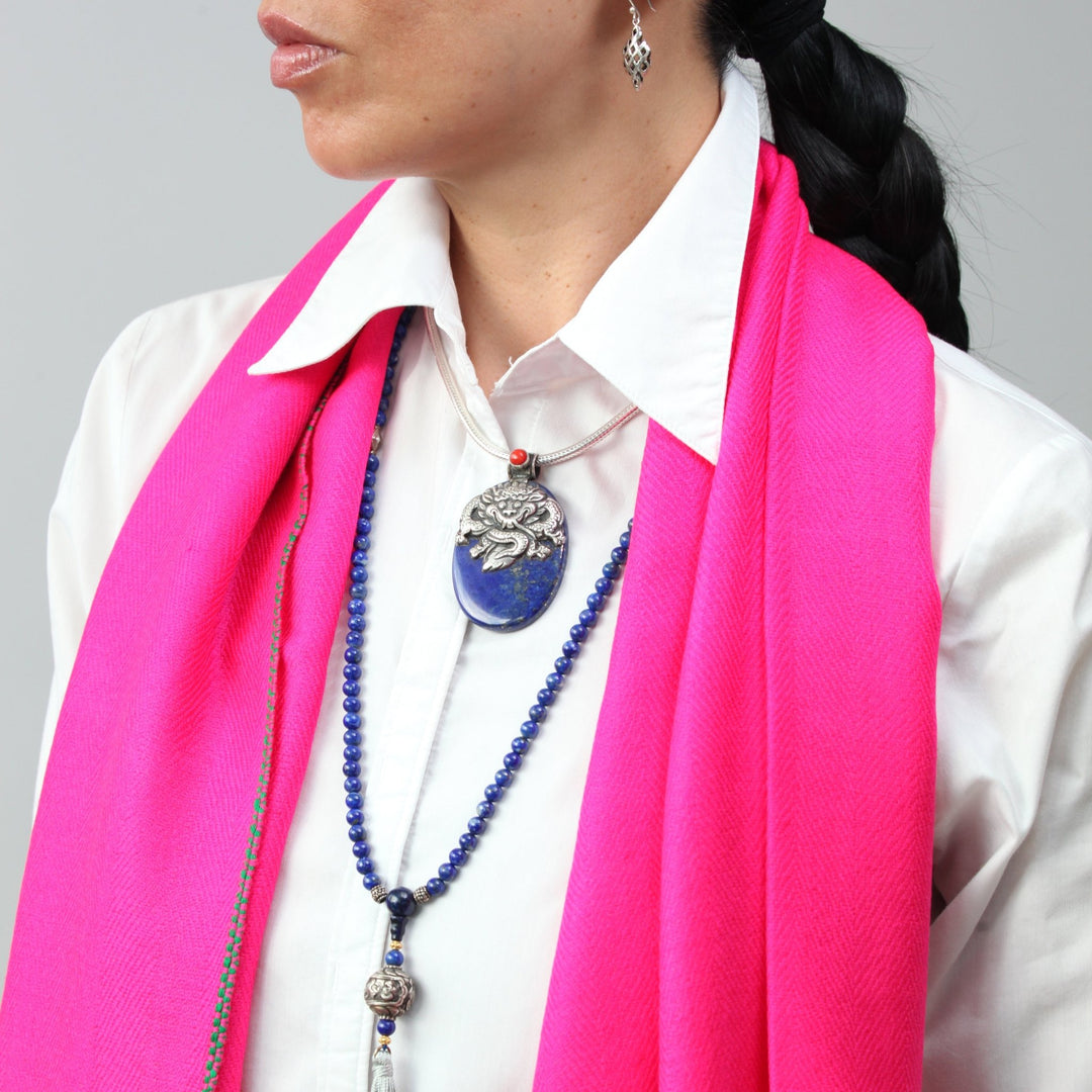 Yak - Schal | 100% Yak - Wolle | Pink mit grünen Streifen - Atelier Tibet