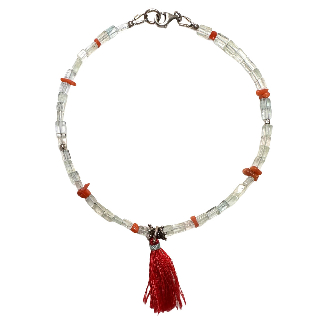 Aquamarin-Fusskette mit roter Quaste - Atelier Tibet