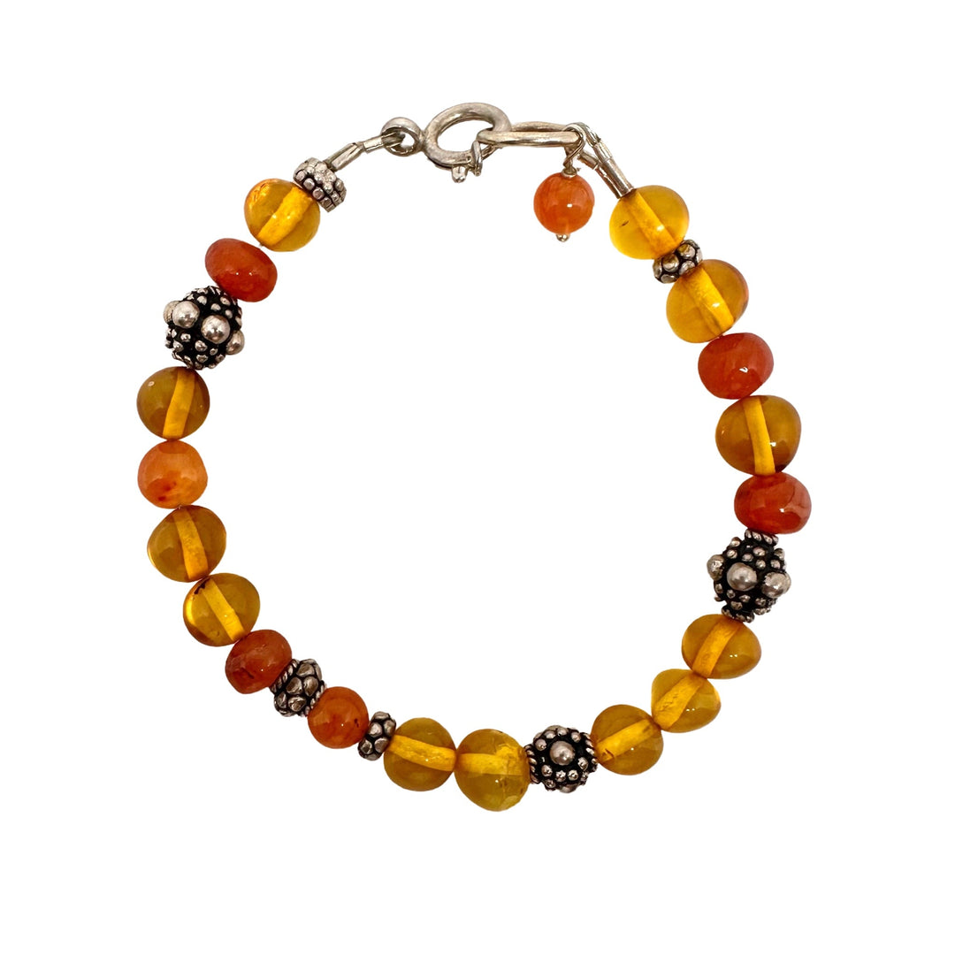 Armband Mala aus Bernstein, Karneol und Silberperlen - Atelier Tibet