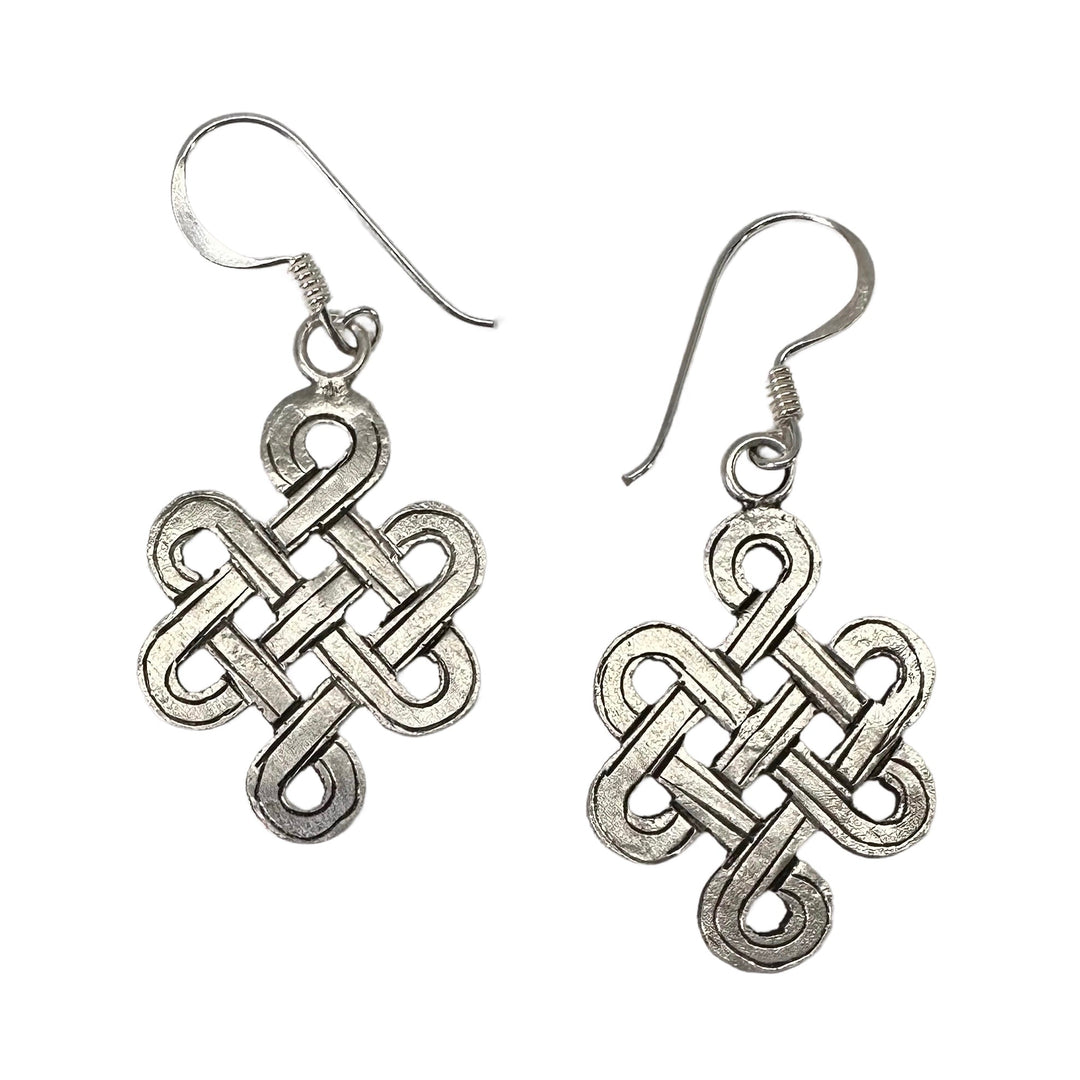 Flache «Endloser Knoten» Ohranhänger aus Silber - Atelier Tibet