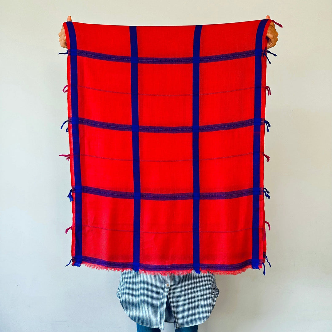 Himalaya-Schal | 80 % Pashmina 20 % Wolle | Rot-Blau - Atelier Tibet