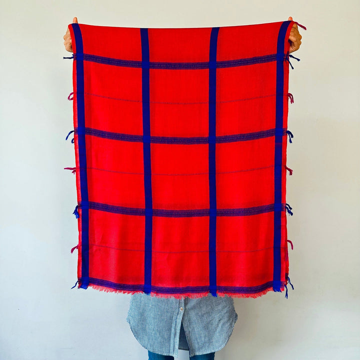 Himalaya-Schal | 80 % Pashmina 20 % Wolle | Rot-Blau - Atelier Tibet