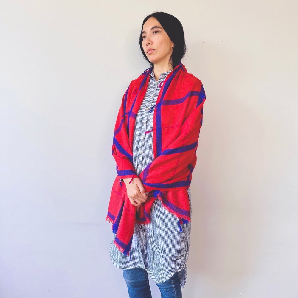 Himalaya-Schal | 80 % Pashmina 20 % Wolle | Rot-Blau - Atelier Tibet