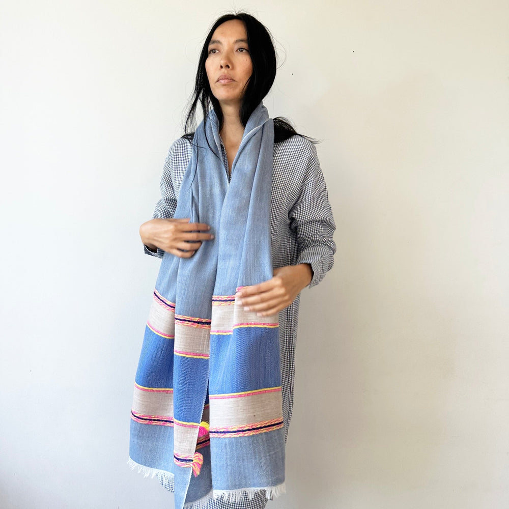 Himalaya-Schal | Pashmina, Wolle | Blau, Beige und Pink - Atelier Tibet