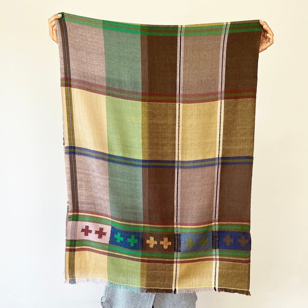 Himalaya-Schal | Pashmina, Wolle | Green-Blue-Brown-Cross - Atelier Tibet