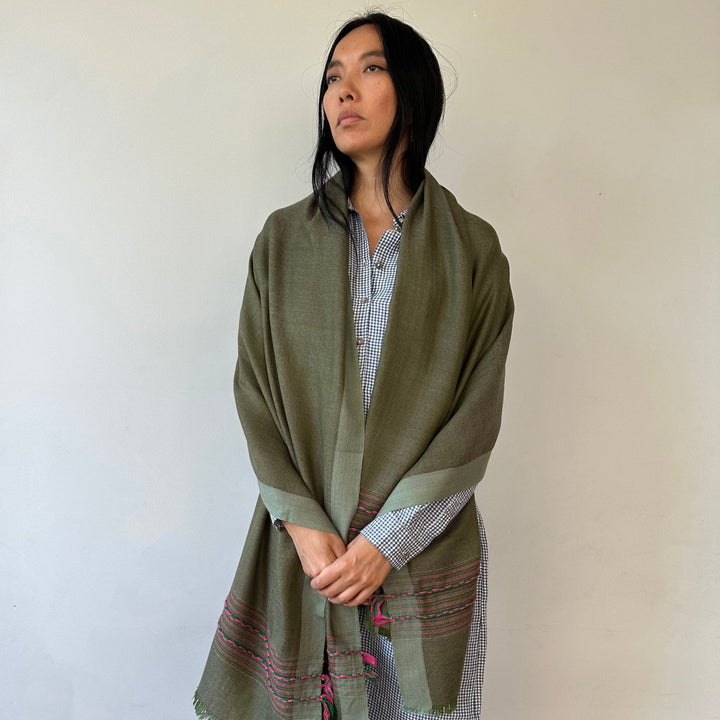 Himalaya-Schal | Pashmina, Wolle | Green PinkStripes - Atelier Tibet