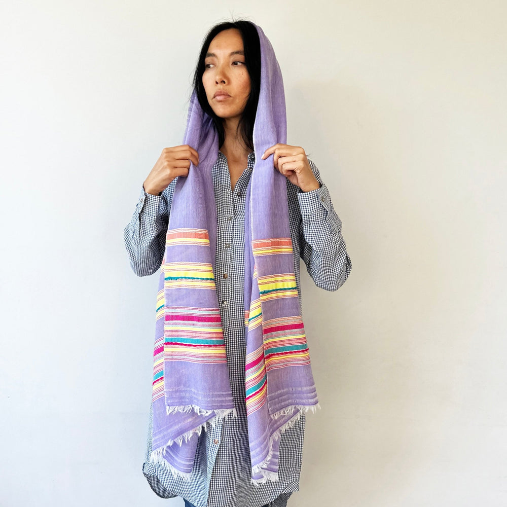 Himalaya-Schal | Pashmina, Wolle | Lila Colourful-Stripes - Atelier Tibet