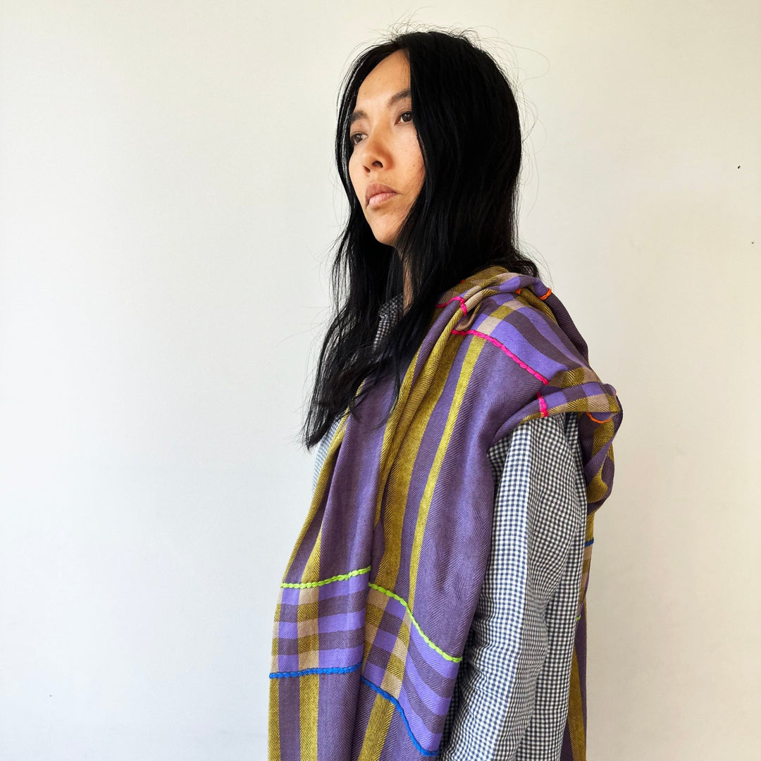 Himalaya-Schal | Pashmina, Wolle | Violet-Yellow-ColourStripes - Atelier Tibet