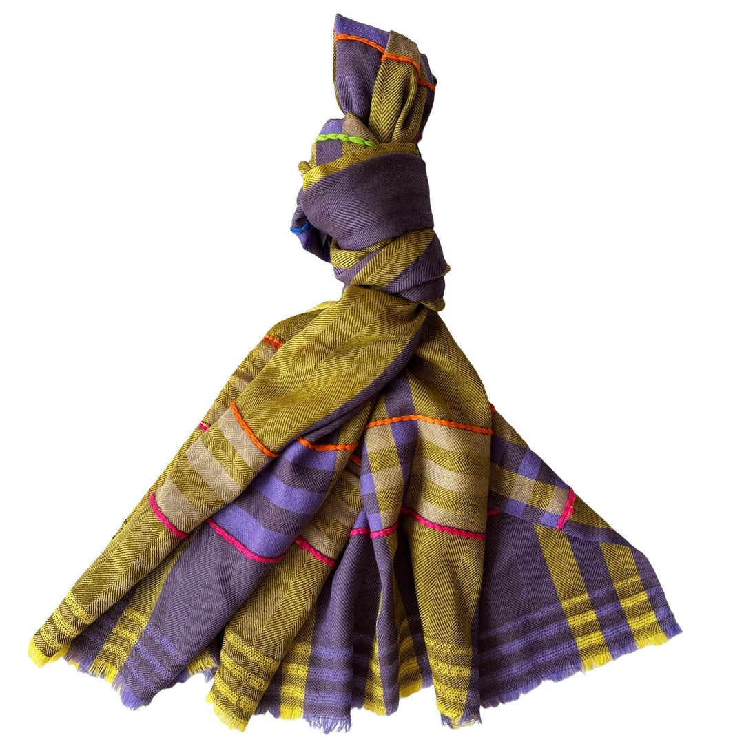 Himalaya-Schal | Pashmina, Wolle | Violet-Yellow-ColourStripes - Atelier Tibet