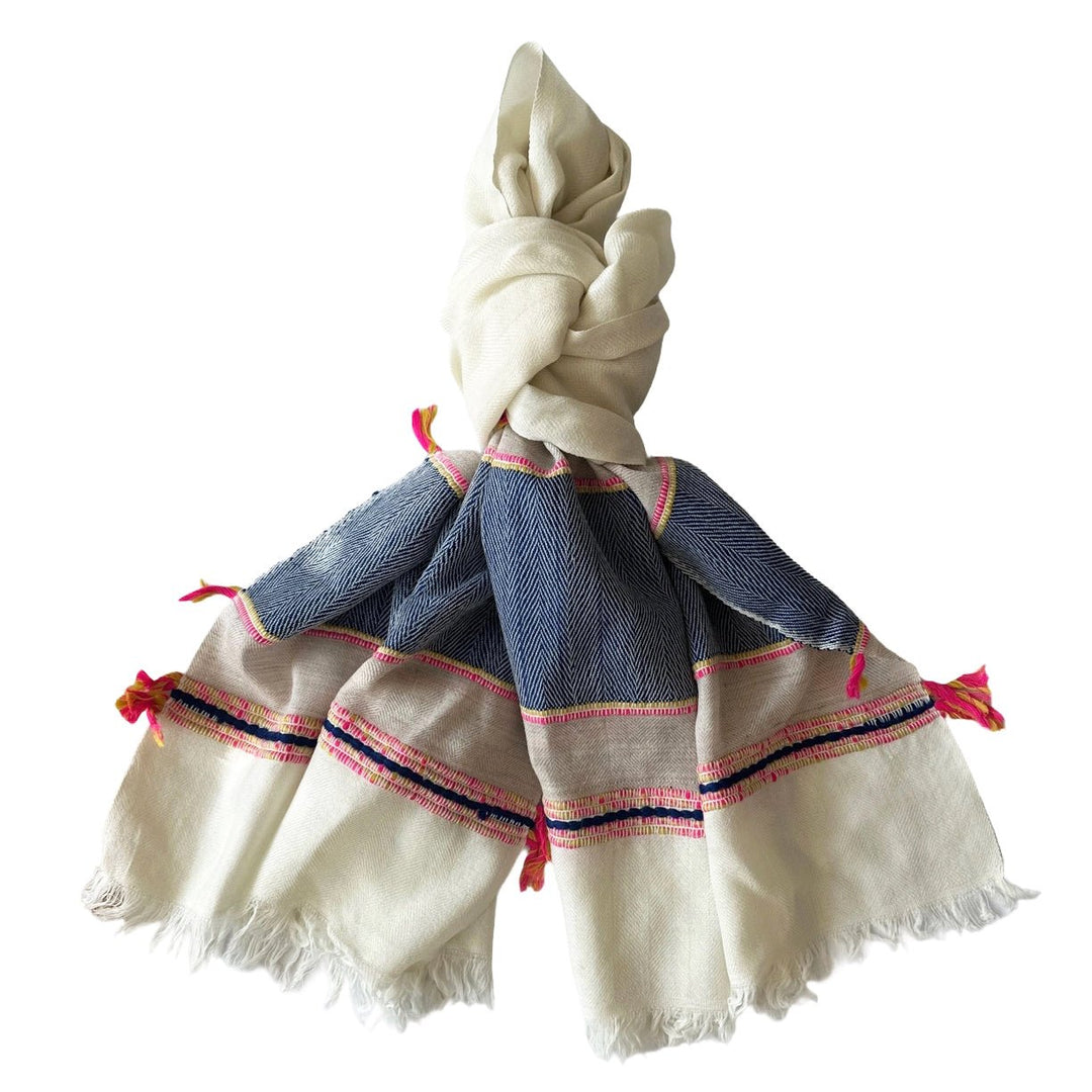 Himalaya-Schal | Pashmina, Wolle | White-Blue-Pink - Atelier Tibet