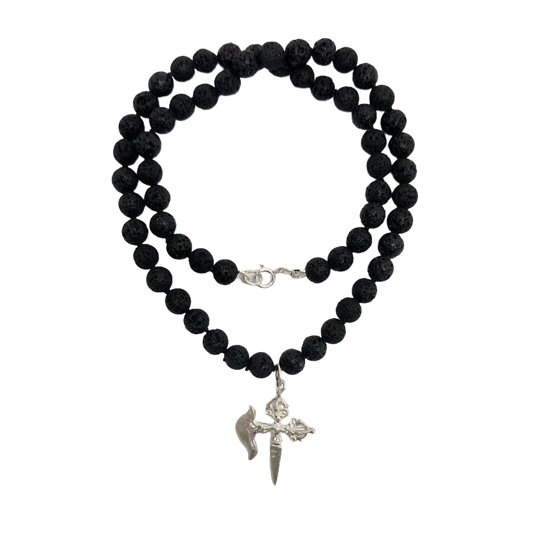 Lava-Halskette mit Silber-Anhänger «Kartik» + «Phurpa» + «Vajra» - Atelier Tibet