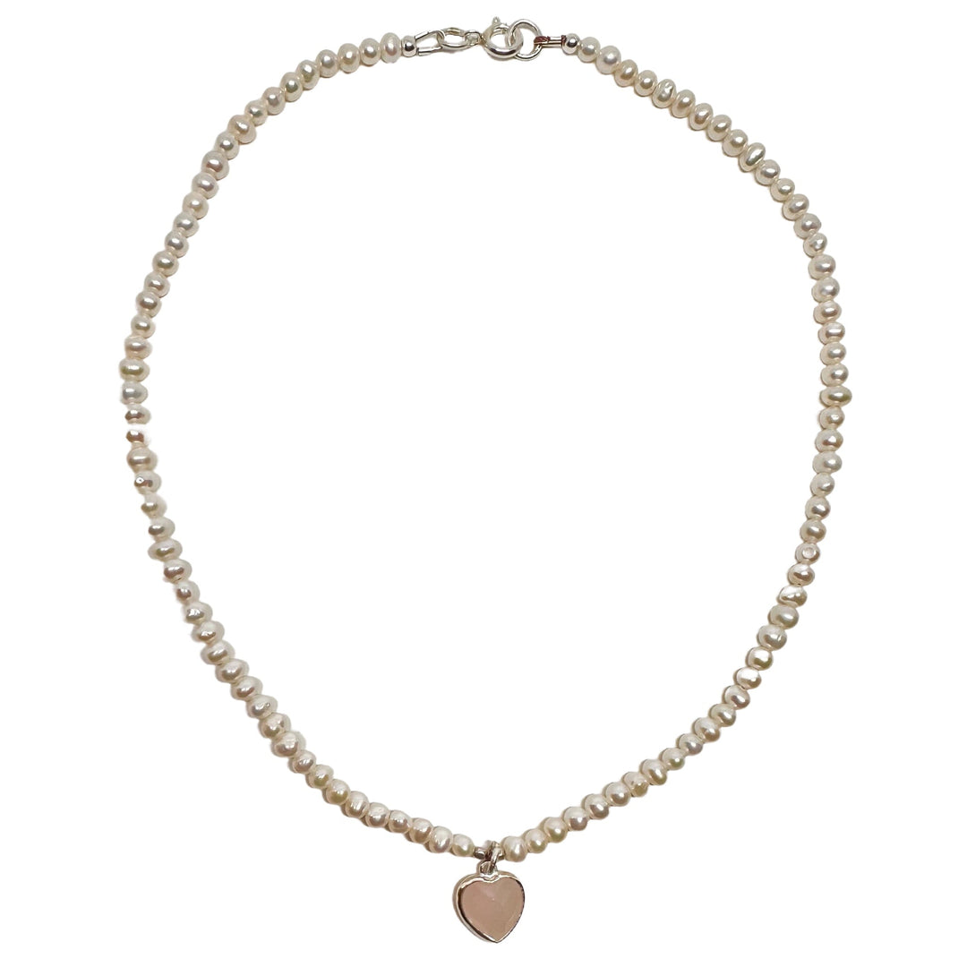 Perlen-Kette mit Rosenquarz-Herz-Anhänger - Atelier Tibet