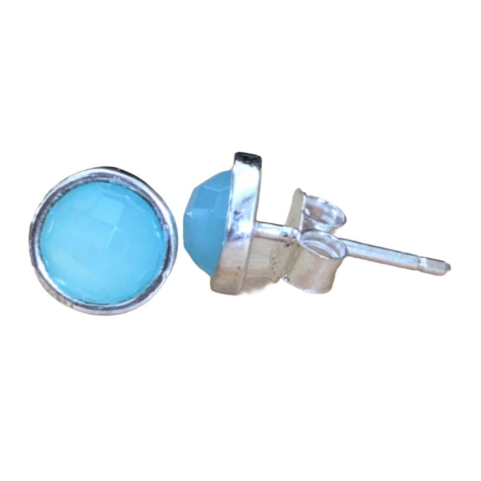 Stud earrings with aqua agate in a simple silver setting