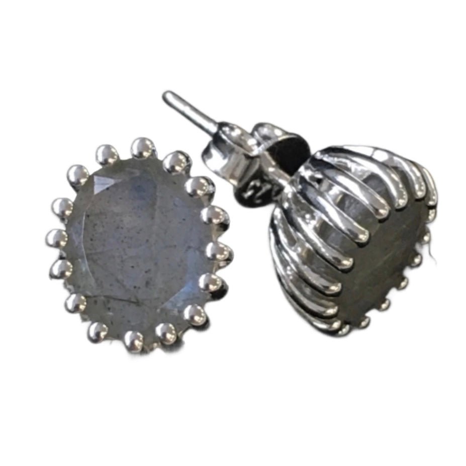 Silver stud earrings with labradorite