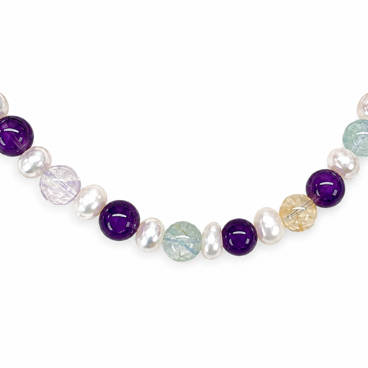 Amethyst, Crackle-Achat und Süsswasserperlen Armband Mala