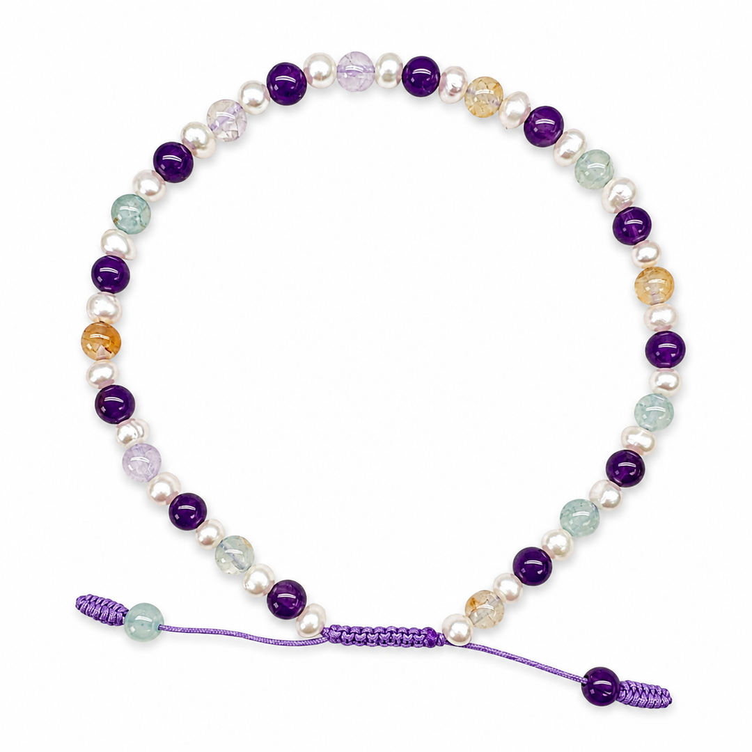 Amethyst, Crackle-Achat und Süsswasserperlen Armband Mala