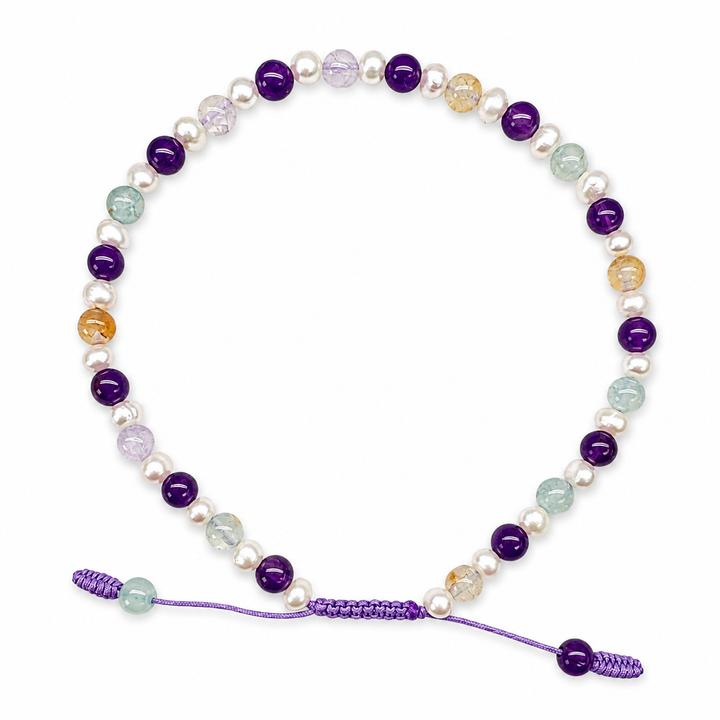 Amethyst, Crackle-Achat und Süsswasserperlen Armband Mala